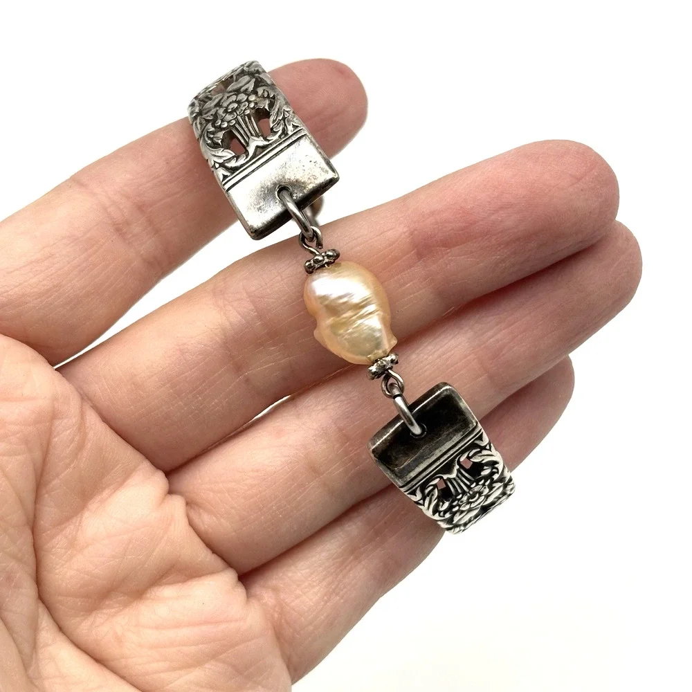 1950s Coronation Silver-plated Floral Spoon Bracelet w/ Freshwater Pearl 6.75